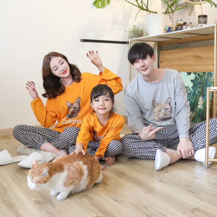 Cặp đôi dễ thương đồ ngủ cotton mùa xuân và mùa thu nam nữ phiên bản Hàn Quốc kích thước lớn Nhật Bản dịch vụ gia đình trẻ em phù hợp với cha mẹ-con đồ ngủ nam thu đông
