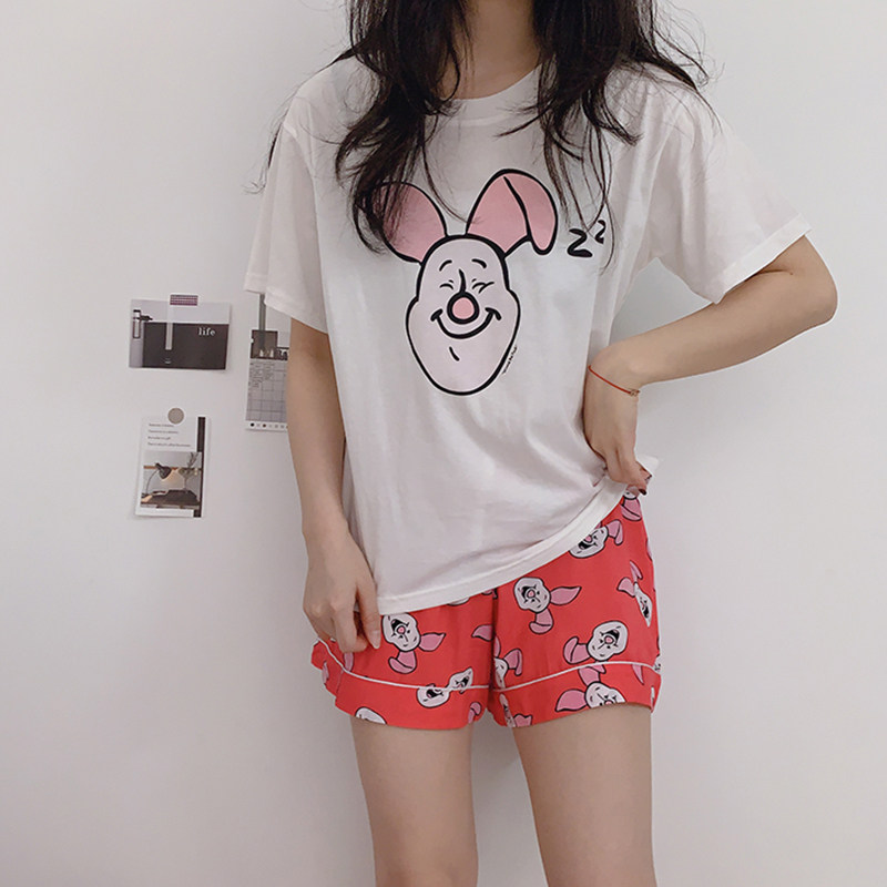 Piglet Korean pajamas women's cotton summer short-sleeved two-piece cute Korean version ins fashion pink simple