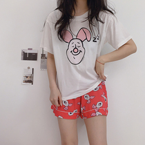 Piglet Korean pajamas womens cotton summer short-sleeved two-piece cute Korean version ins fashion pink simple