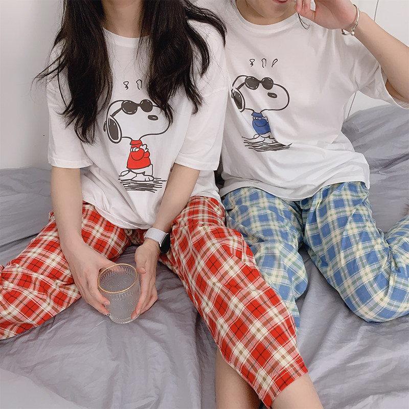 Snoopy cotton plaid summer short-sleeved trousers pajamas women's cotton thin section plaid couple students two-piece suit