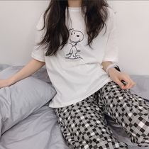 ins sweet and cool Snoopy pajamas womens summer couple cotton trousers short-sleeved plaid pants home service suit thin section