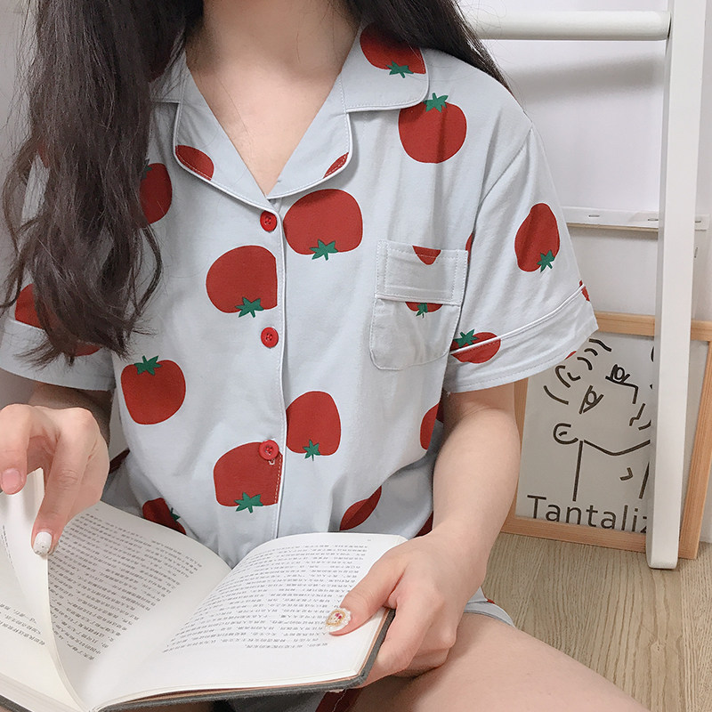 Good-looking niche designer pajamas simple female ins fresh female summer cotton short-sleeved shorts two-piece student