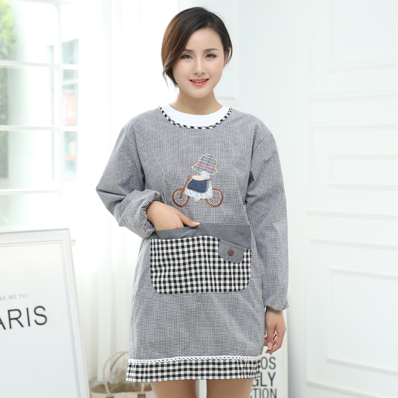 Apron Pastoral fashion kitchen cleaning anti-fouling smock cotton comfortable long-sleeved apron bed bag work clothes