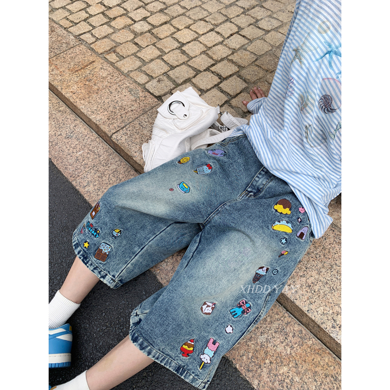 Xhdd Yay Original Custom-Made Retro Cartoon Print Denim Cropped Pants for Women, Loose Graffiti Blue Mid-Length Pants, Street Style Xhdd Yay Original Custom-Made Retro Cartoon Print Denim Cropped Pants for Women, Loose Graffiti Blue Mid-Length Pants, Street Style