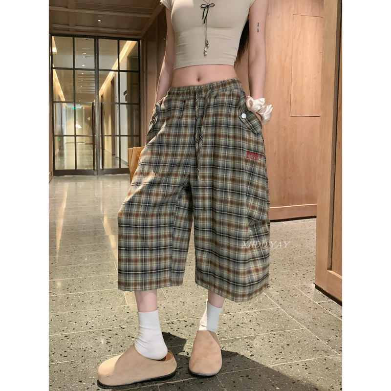 Xhdd Yay Original Custom-Made [American-Style Elastic Plaid] Wide-Leg Cropped Pants for Women, Versatile and Age-Reducing Casual Pants