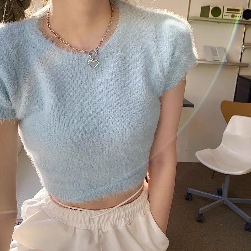 Knitted Sweater for Women, Mink Velvet Short-Sleeved, Short Style, Slim Fit, Outer Layer, Base Layer, 2025 Summer New White Sweater Top