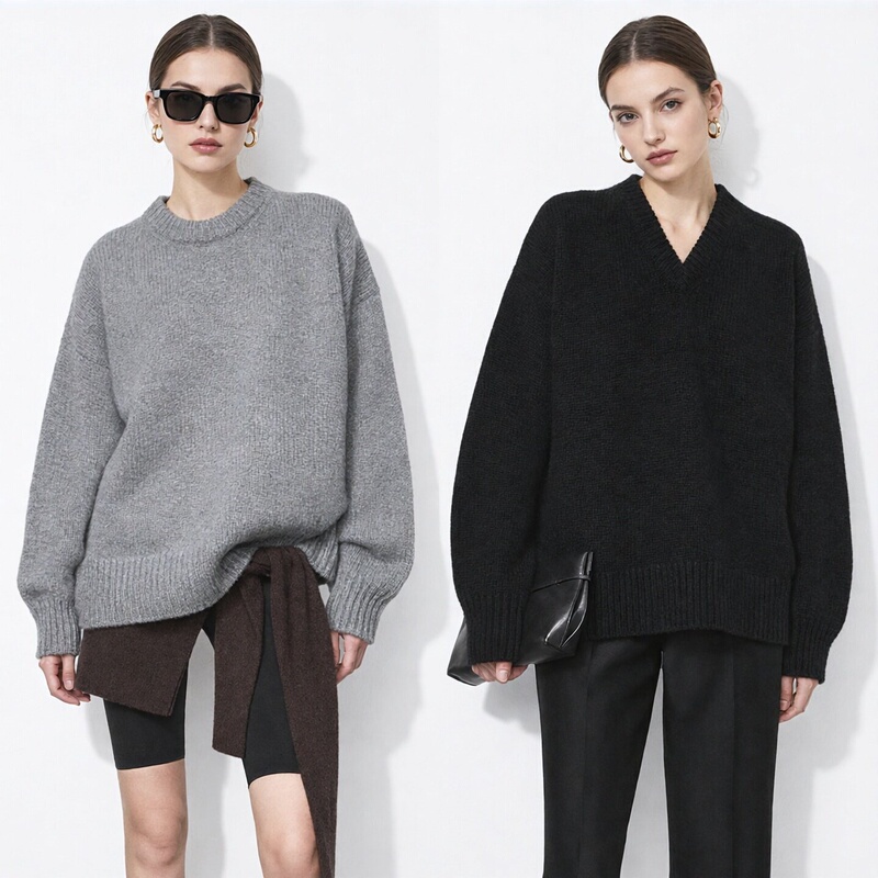 Row Classic Heavy-Weight High-Density Cashmere Chunky Knit Crew Neck/V-Neck Ophelia Loose Thick Sweater Knitwear