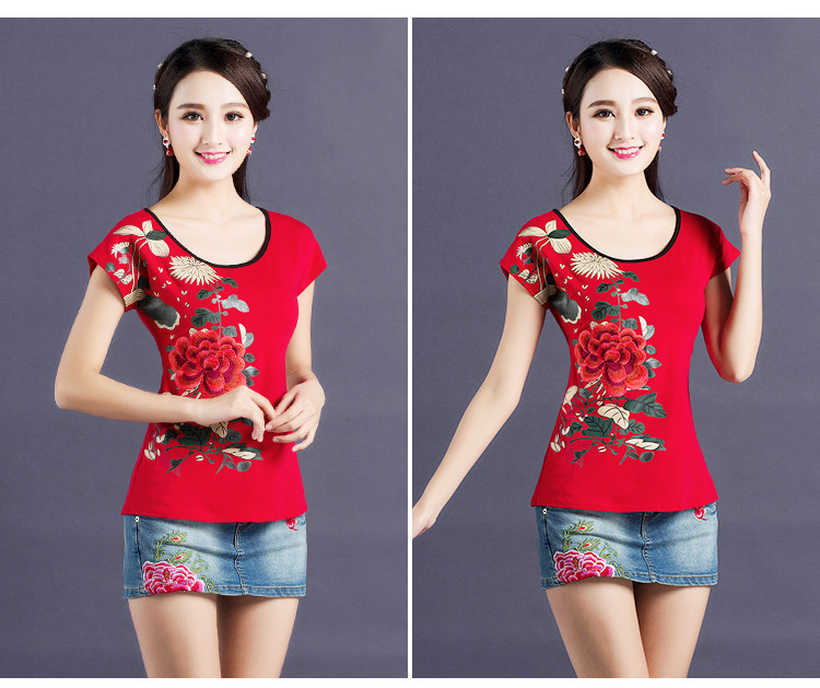 Áo khoác nữ phong cách Trung Quốc Mùa hè phong cách mới quốc gia áo thun ngắn tay nữ thêu hoa Slim áo sơ mi nữ size lớn áo thun nữ tay dài