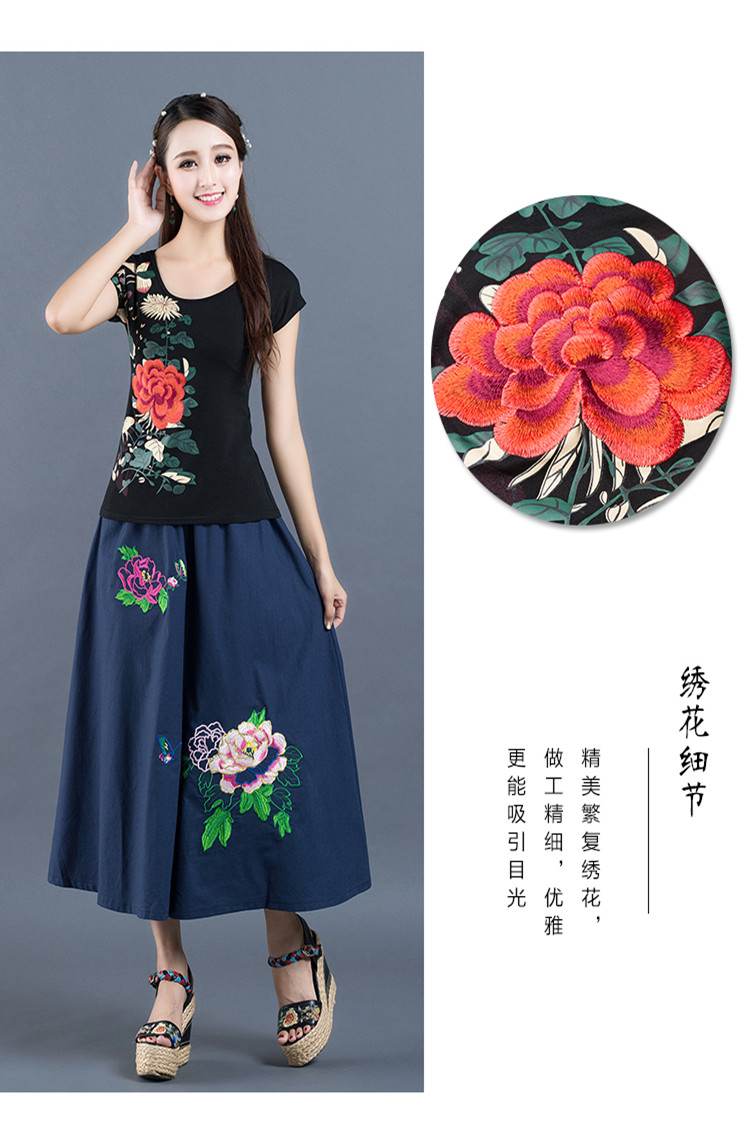 Phong cách Trung Quốc thêu phụ nữ in áo thun ngắn tay nữ phong cách quốc gia thêu ngọn mùa hè mới áo sơ mi cỡ lớn áo phông đen nữ