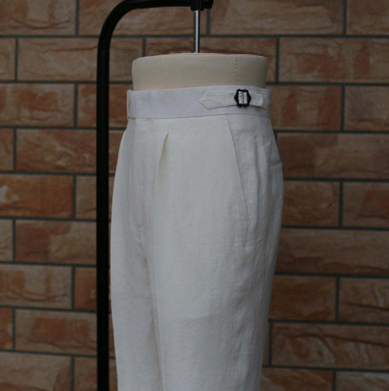 Spring/summer new Pure linen men's pants Neapolitan high-rise small straight leg trousers Adjustment buckle This white trousers