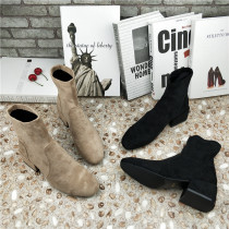 Jia Cai Lu 2020 autumn and winter new round head cover tube square head womens boots thick heel medium heel Martin boots elastic thin boots