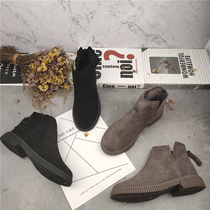 Korean version of short boots female 2021 style beauty new Joker flat-bottom ofless leather nude boots biscuit bottom casual English style