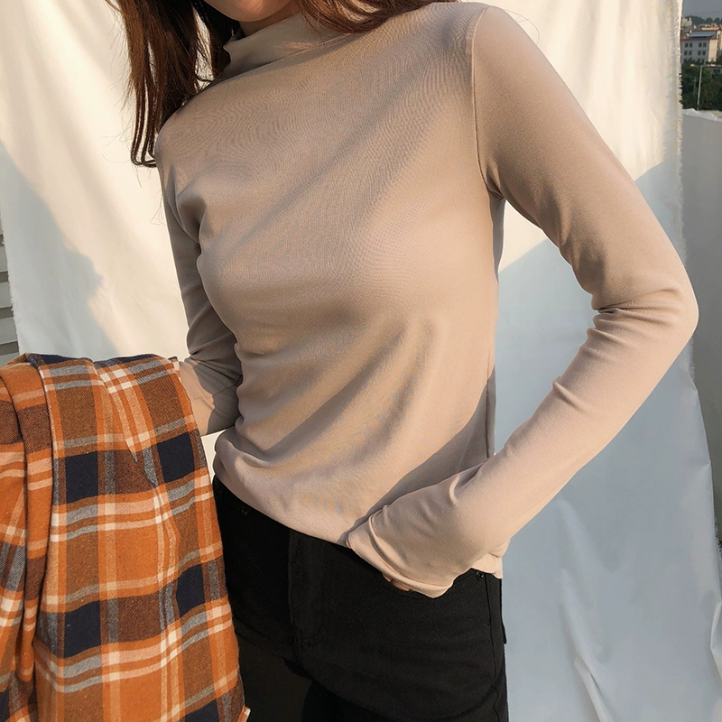 2018 phiên bản Hàn Quốc mới của kiểu dáng thon gọn màu trơn mùa thu thu đông nửa cao cổ áo sơ mi dài tay nữ dáng lửng áo phông trắng