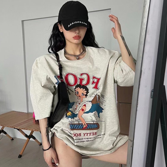 美式vintage复古大码t恤女纯棉潮牌古着短袖ins2022新款夏季上衣