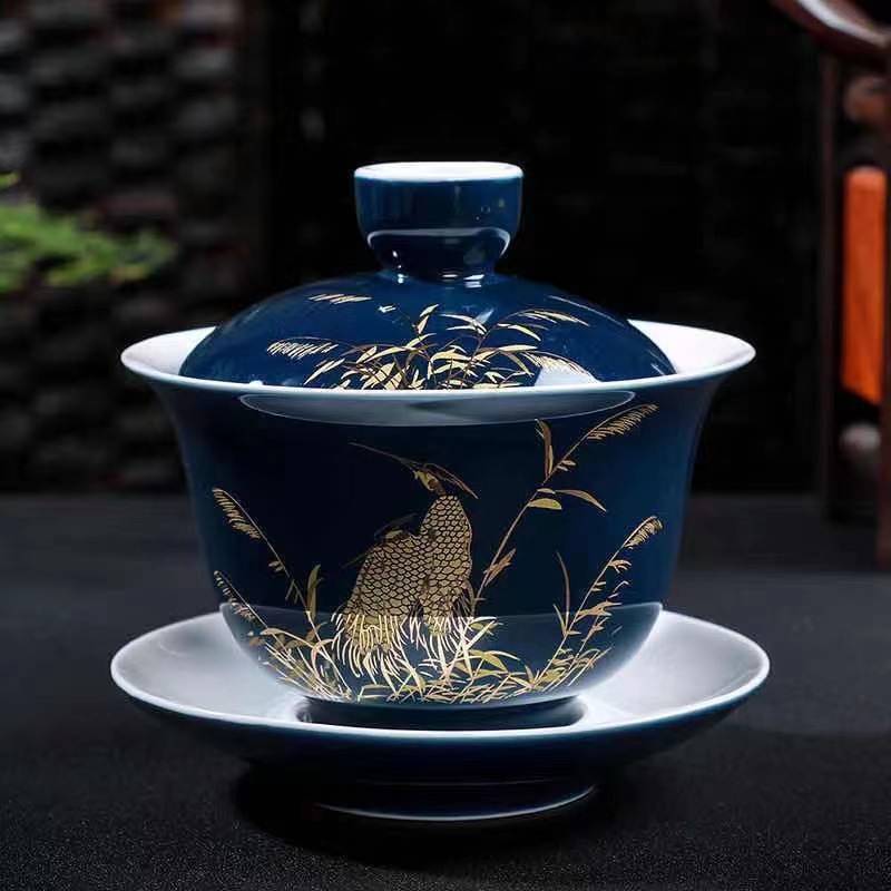 Upscale CUHK Ceramic Goat Grease Jade Porcelain single three-only cover bowl Gongfu tea with no hot tea bowl with lid-Taobao