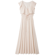 SNIDEL HOME Spring and Summer Comfortable Ruffled Plaid Waist Long Nightgown SHCO232058