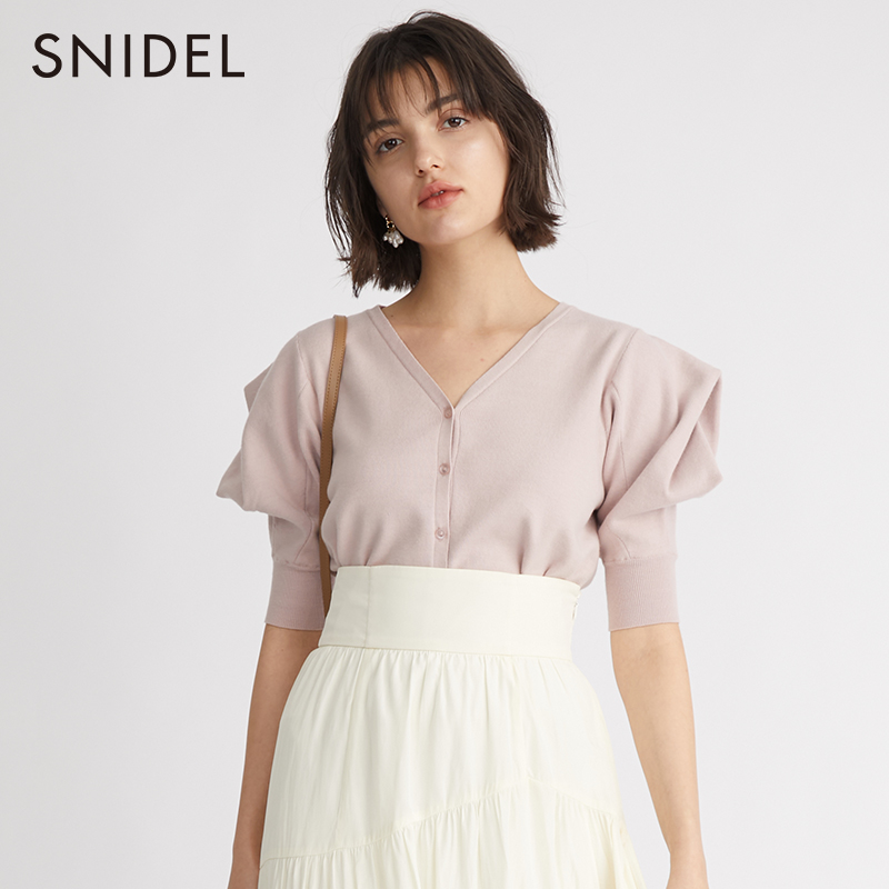 SNIDEL2022 spring summer new products sweet and beautiful ladies' pure colour V collar foam sleeves cotton knit cardiovershirt SWNT221097
