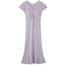 SNIDEL HOME spring and summer sweet V-neck drawstring ribbed knit dress SHNO231027
