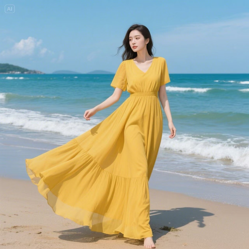 Flared Dress Long Skirt 2025 Slimming New Style Yellow Chiffon Seaside Summer Vacation Long Beach Skirt Flared Dress Long Skirt 2025 Slimming New Style Yellow Chiffon Seaside Summer Vacation Long Beach Skirt