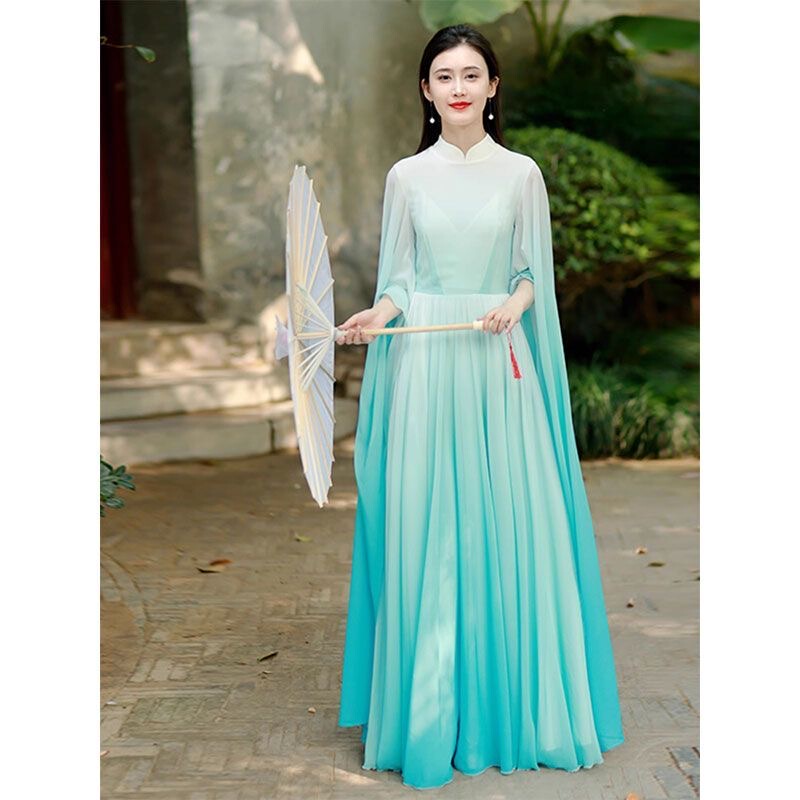 Chinese-Style Fairy Improved Hanfu Elegant Chiffon Women's New Zen-Inspired Chinese Dress Waist-Cinching Holiday Long Dress