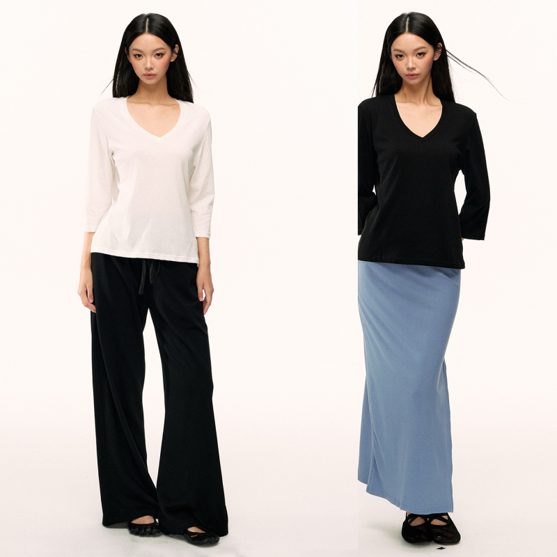 Nova Basics 【Same Style as Zhang Jingyi】 Multi-Color Deep V Classic Three-Quarter Sleeve Versatile Basic T-Shirt Nova Basics 【Same Style as Zhang Jingyi】 Multi-Color Deep V Classic Three-Quarter Sleeve Versatile Basic T-Shirt