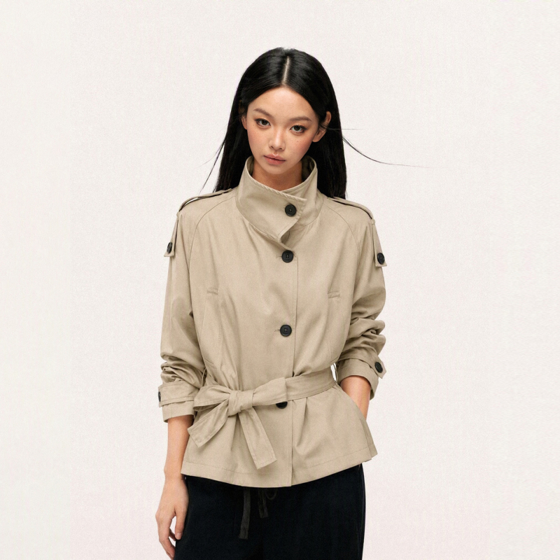 Nova Basics "Leeds Illustrated" Short Trench Coat for Women, Autumn Stand Collar, Waist-Cinching, Khaki Color, Petite Size Jacket