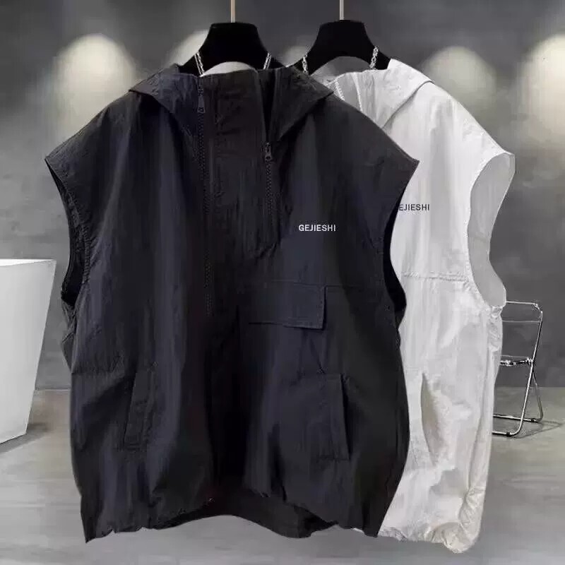 Zipper Hooded Ice Silk Thin Sleeveless Vest for Men, Trendy Casual Loose Vest Top for Summer Work Wear Zipper Hooded Ice Silk Thin Sleeveless Vest for Men, Trendy Casual Loose Vest Top for Summer Work Wear