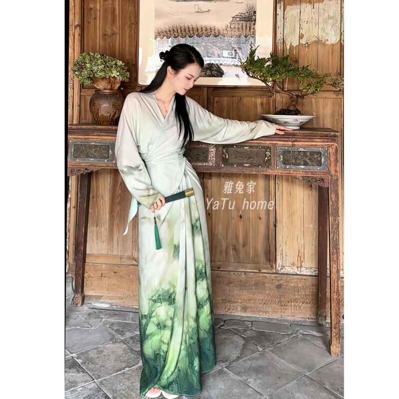 Spring and Summer Cotton Wrap Dress, Loose-Fitting Long-Sleeved Tie-Up Chinese-Style Waist-Cinching Robe, Cool and Slimming Dress
