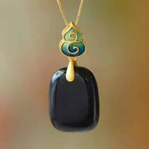 Ancient Law 925 pure silver inlay and field jade ink jade enamel Ping An unrauctable pendant womens natural locked bone chain