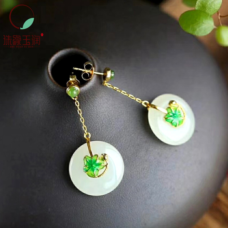 New gold-plated Hetian Jade peace buckle set necklace with ring earrings three-piece set of white jade jewelry