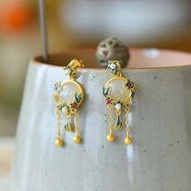 Ancient method of pure silver inlaid jewel and field jade enamel egg face earrings for ethnic wind Han clothes Temperament Earrings Earrings Earrings