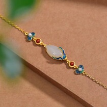 Ancient Law 925 pure silver gilded inlay and field jade jingtai blue enamel bracelet natural jade ladies gift handstring