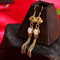 s925 sterling silver gilded Jade tassel earrings women long temperament fashion white jade earrings earrings earrings