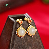 Qinxin Yufang value Hetian jade earrings jade egg surface inlaid earrings to send mother retro luxury round card