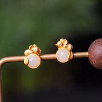 Qinxin Yufang value s925 silver inlaid Hetian Jade ancient method gold white jade egg noodle mouse earrings cute
