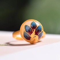 Guofeng Ancient Rhyme Ancient Method Silver Inlaid and Tian jade enamel Peacock Phoenix Round Egg Noodles Ring Lady Ring Finger Ring