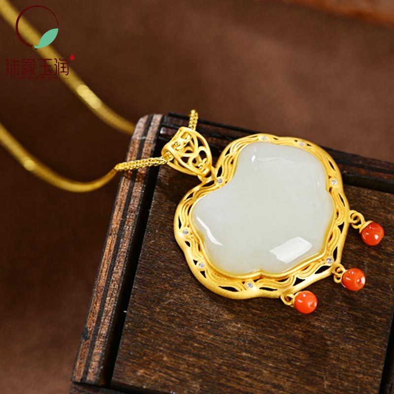 S925 pure silver gilded inlaid and field jade necklace female long life lock Ping An locks retro pendant jade Chinese wind jewelry