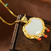 S925 sterling silver gilded inlay Hetian jade necklace female long life lock Ping An lock retro pendant Jade Chinese style jewelry