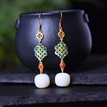 Ancient method pure silver inlaid and field jade fine material pearl enamel fit South red ear pendant temperament brief round earring earrings