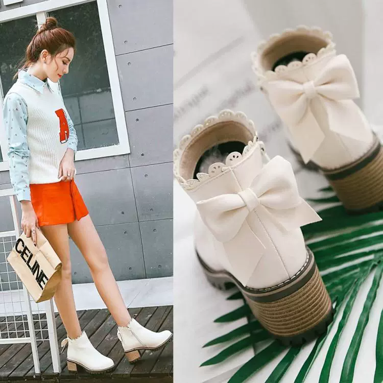 2018 Bowknot Mới Gót dày Martin Boots Tròn Ngón chân giữa Giày cao gót đơn ống ngắn Nữ Boots Size lớn 40414243 - Giày ống