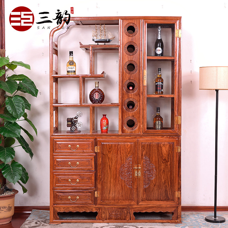 Sanyun mahogany furniture hedgehog red sandalwood Chinese-style solid wood wine cabinet living room all solid wood wine rack partition floor rack
