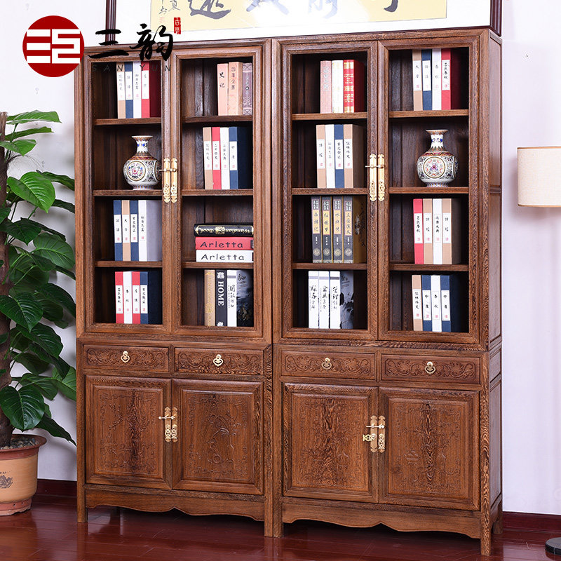 Chicken Wings Wood Bookcase Antique Glass Cabinet Chinese Solid Wood Bookcase Bookcase Closet Display Cabinet Red Wood Furniture