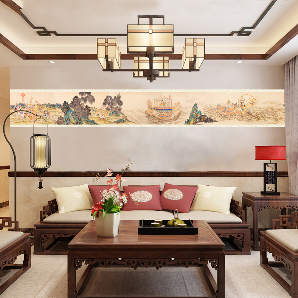 Self-adhesive wallpaper waistline stickers long strip decorative painting Chinese style painting retro painting wallpaper waistline self-adhesive pvc wallpaper hanging painting