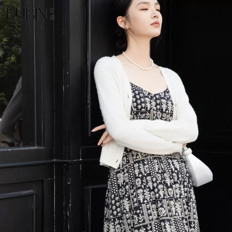 Ru Spring New Women's Pure Cotton Floral Suspender Mid-Length Dress 6A11L61800 Black and White Floral Bottom Skirt