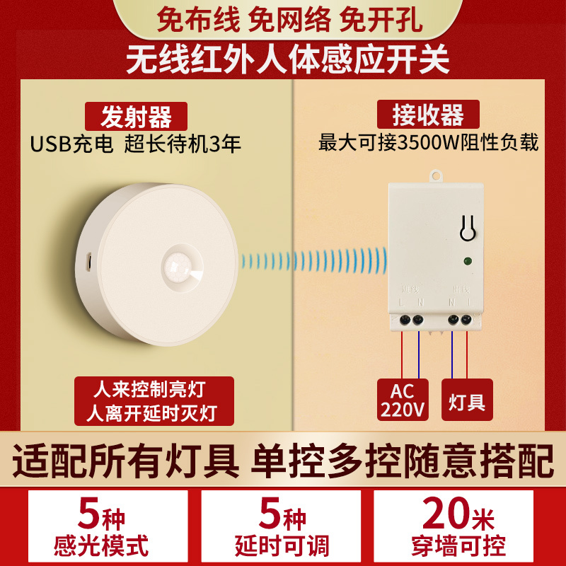 Staircase Sensor Light with Wireless Self-Adhesive Human Body Switch 220V, Lights Off When People Leave, No Wiring, Infrared Human Presence Sensor