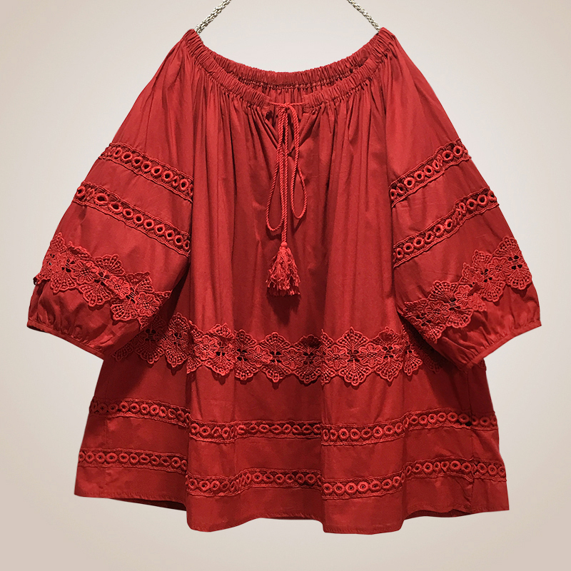 Red Ethnic Holiday Style Lace-Up Round Neck A-Line Babydoll Shirt Women's Embroidered Lace Top Loose Plus Size Shirt Red Ethnic Holiday Style Lace-Up Round Neck A-Line Babydoll Shirt Women's Embroidered Lace Top Loose Plus Size Shirt