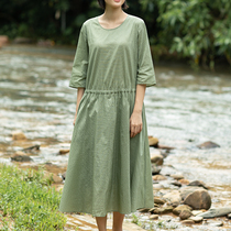 No good see City original design dress women loose A-sub skirt fresh green retro literature and art