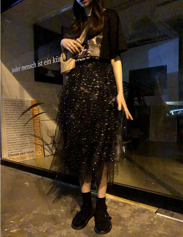 The smallest sea elinasea spring and summer new sequined mesh fairy irregular cake skirt skirt female