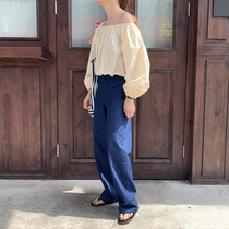 The smallest sea Korean version dark blue explicitly slim 100 lap high waist wide leg jeans Women 2022 new old daddy pants