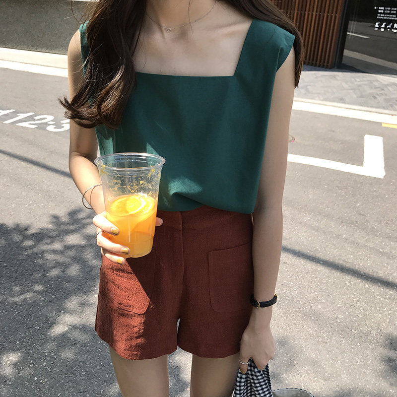 [ELINASEA]夏日自制 韩版百搭宽松高腰休闲裤两口袋棉麻短裤女